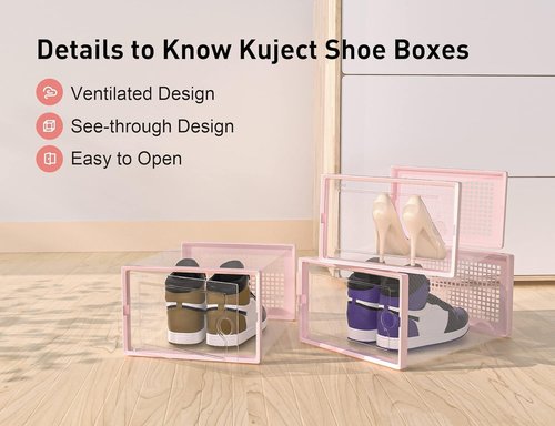 Kuject X-Large Clear Plastic Shoe Storage Boxes - Stackable 12 Pack for Sneakers & Toys | Pink