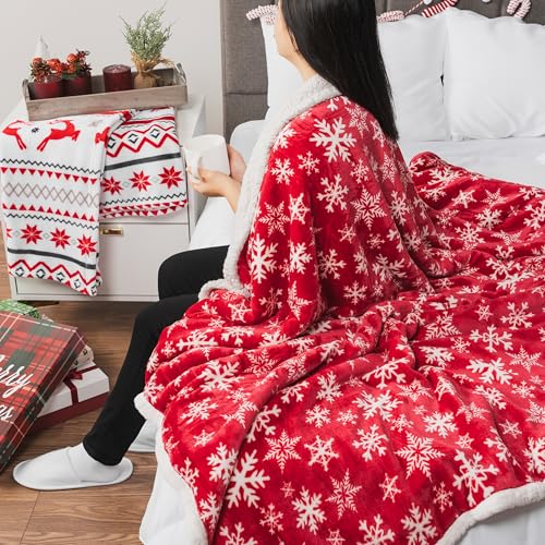 PAVILIA Red Snowflake Christmas Sherpa Throw Blanket Twin Size - Cozy Reversible Fleece & Sherpa, 60x80 Inches