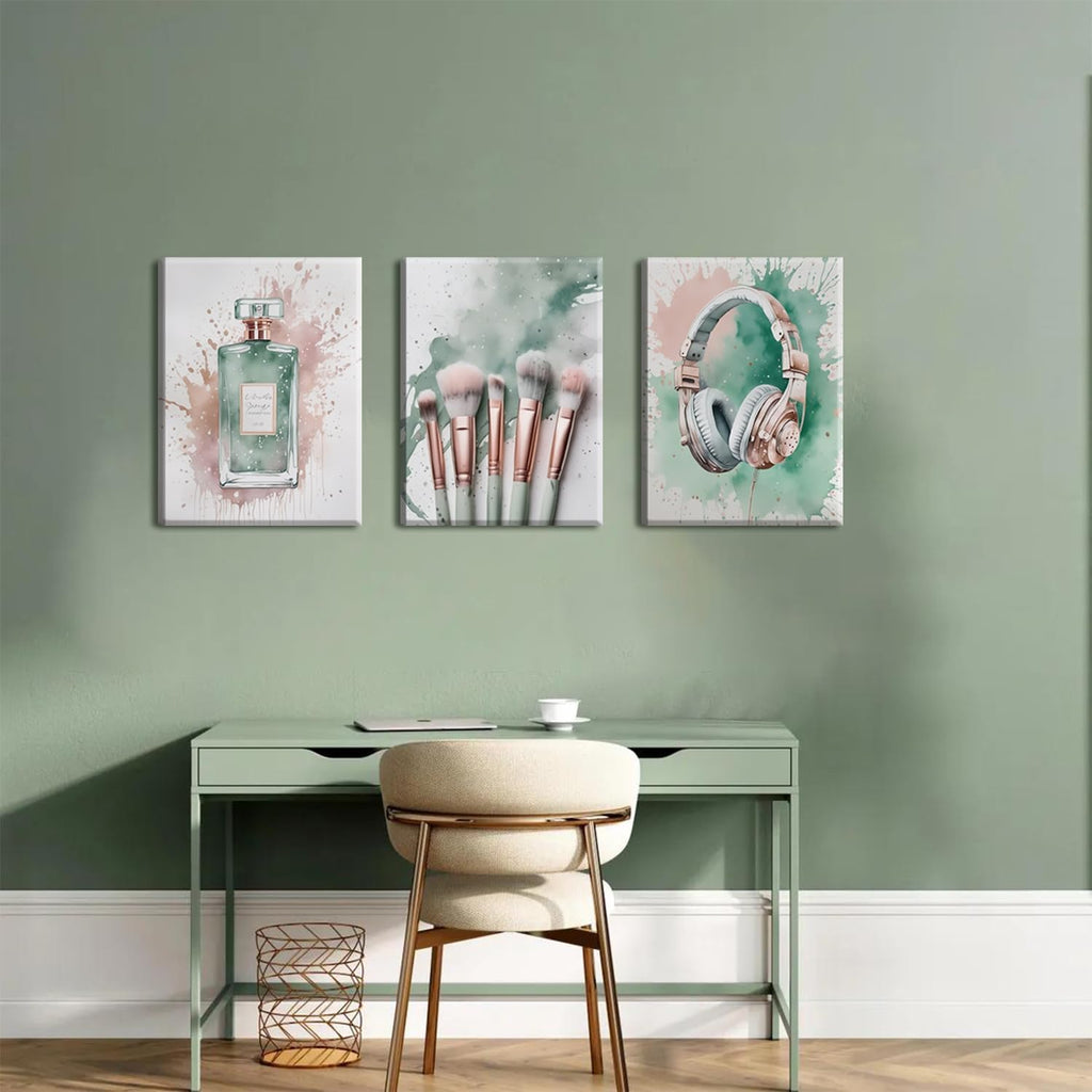 Skiennix Fashion Makeup Canvas Wall Art Set of 3 - Trendy Pink & Sage Green Decor for Teen Girls | 12x16 Inch Framed