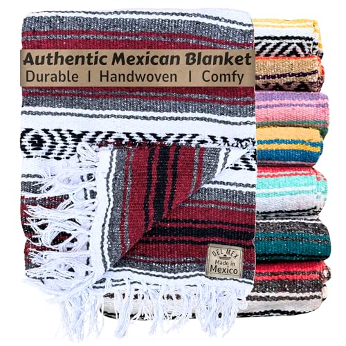 Del Mex Authentic Mexican Falsa Throw Blanket - Handwoven (70" x 50", Burgundy)