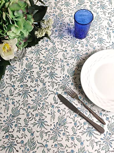 Aster Blue 60 x 108 Inch 100% Cotton Boho Tablecloth - Handblock Floral Home Decor