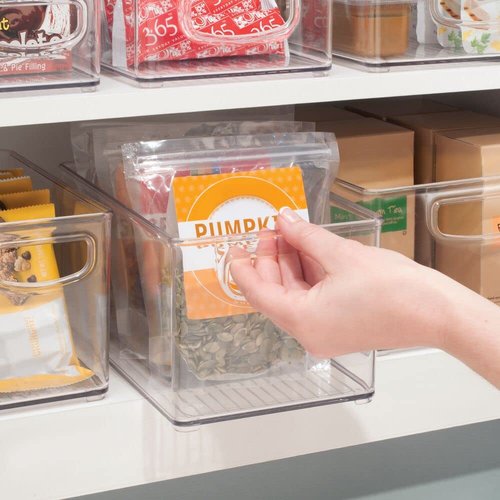 mDesign Plastic Stackable Kitchen Organizer - Storage Bin with Handles for Refrigerator, Freezer, Cabinet, and Pantry Shelves Organization - Food Container - Clear