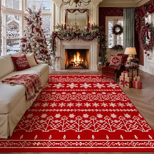 PureCozy 8' x 10' Christmas Snowflake Area Rug, Red – Washable, Non-Slip