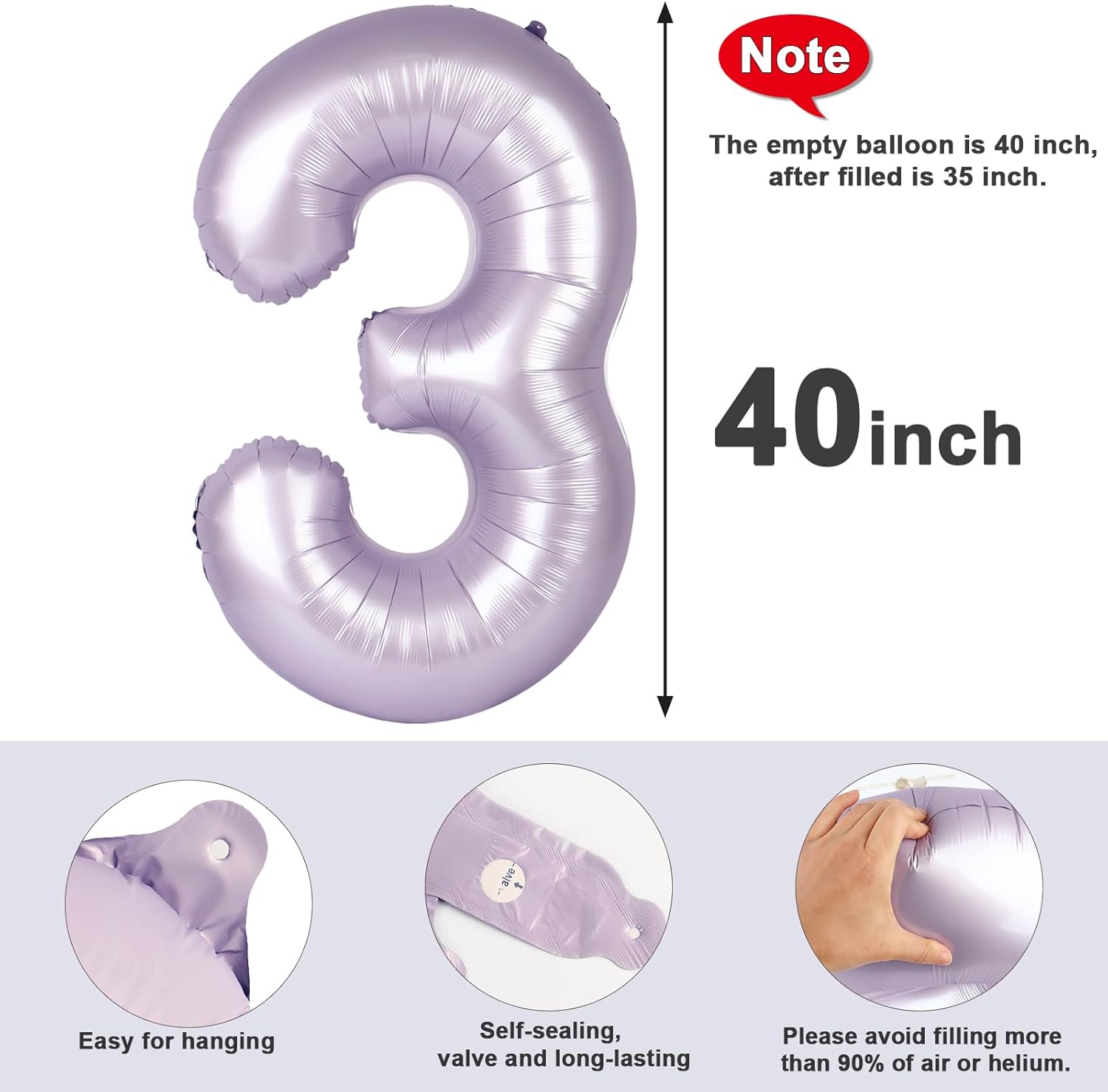 Numbers Balloon - 40 Inch Large Cream Purple Balloon for 3rd Birthday Decor | Perfect for Parties
