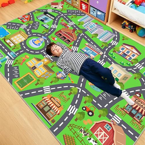 4x5ft Kids City Road Play Mat, Non-Slip Faux Wool Washable Area Rug