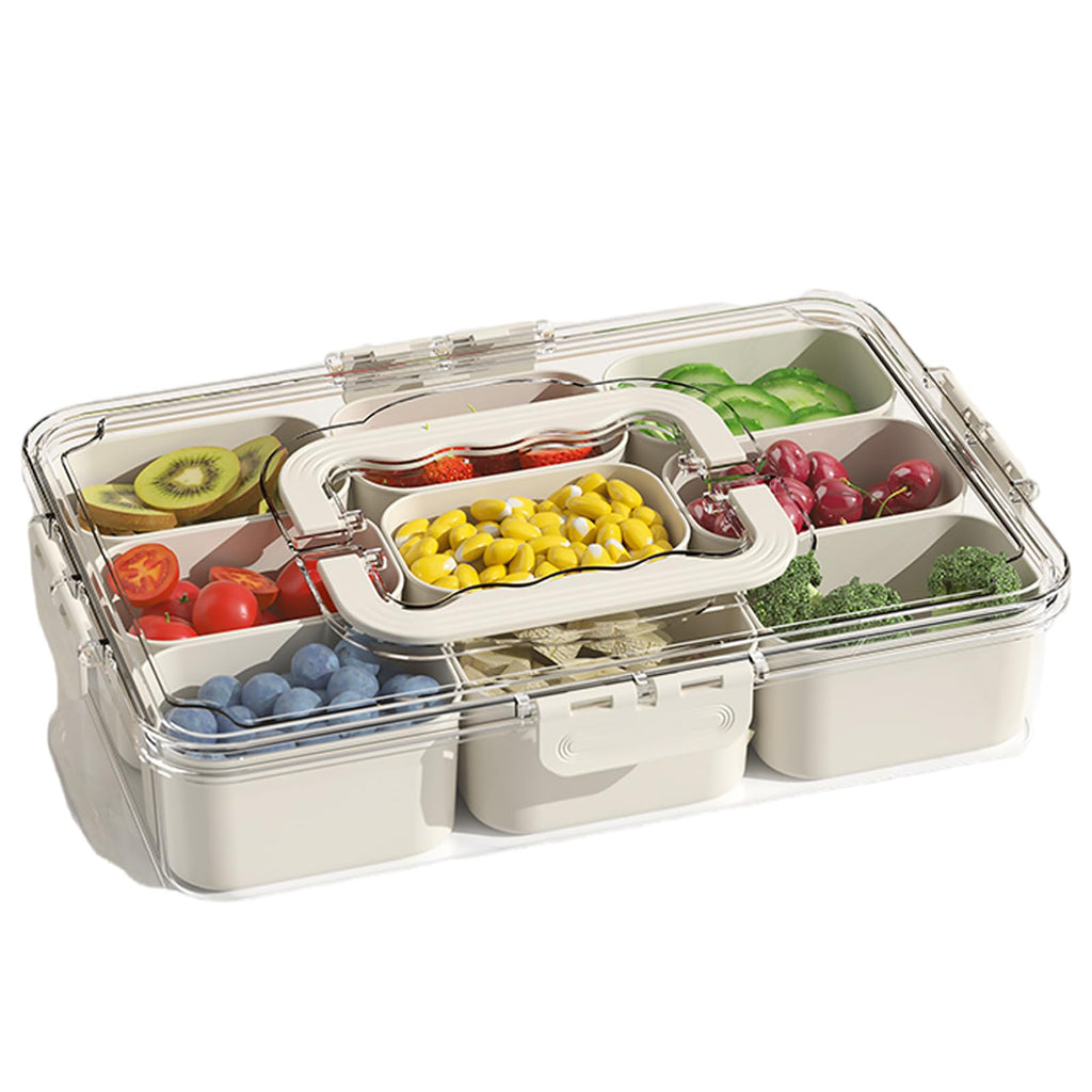 Divided Serving Tray with Lid and Handle - 9 Compartment Snack Box Container Portable Storage Organizer Container for Fruit, Candy, Veggie, Nuts, Spices& Snacks, Perfect for Party, Travel& Picnic