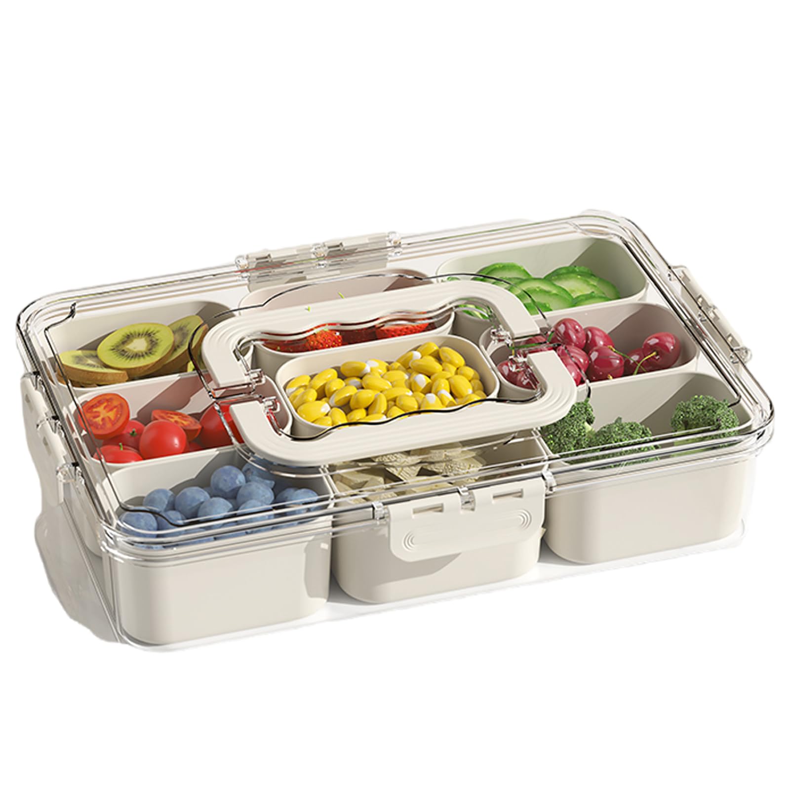 Divided Serving Tray with Lid and Handle - 9 Compartment Snack Box Container Portable Storage Organizer Container for Fruit, Candy, Veggie, Nuts, Spices& Snacks, Perfect for Party, Travel& Picnic