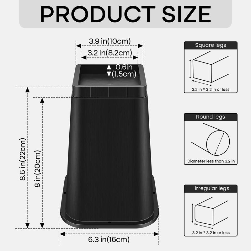MCXYEM Bed Risers Adjustable Furniture Risers - Heavy Duty 4 or 8 inch or 12inch Non-Slip Lift Supports for Beds/Couches/Sofas, Durable Square Design with Creates Storage Space (Black 9 Pack, 8 Inch)