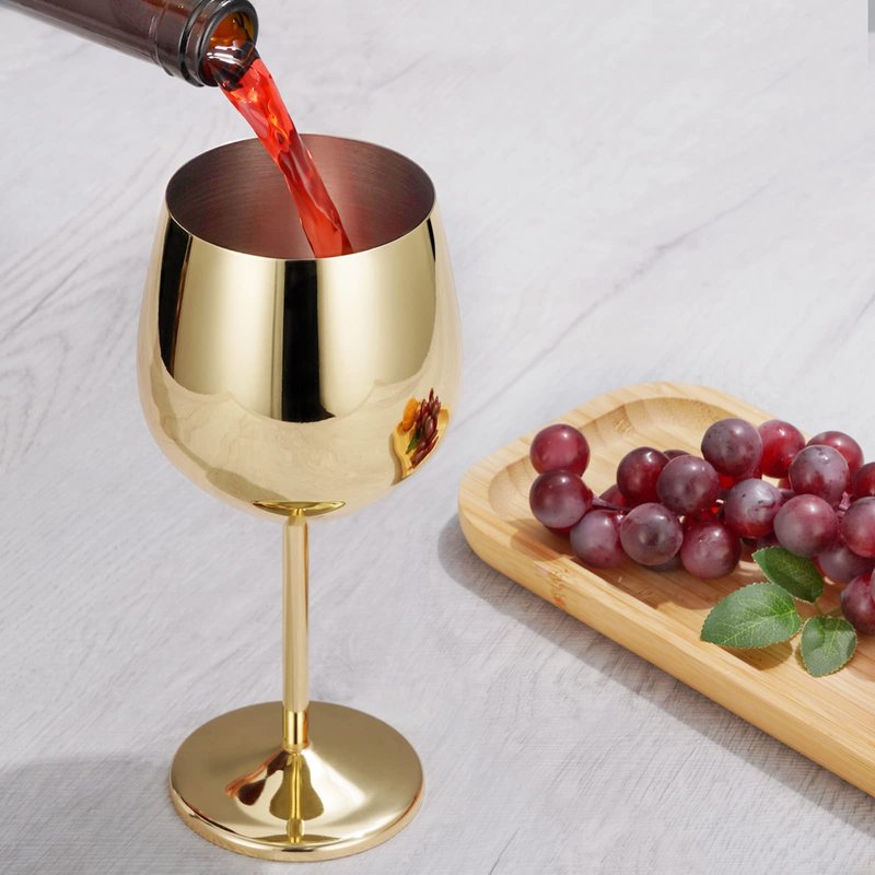 Lifecapido Stainless Steel Wine Glasses Set of 8, 18oz Stainless Steel Wine Goblets, Stemmed Metal Wine Glasses with Cup Brush for Party Office Wedding Anniversary, Great for Red White Wine (Gold)