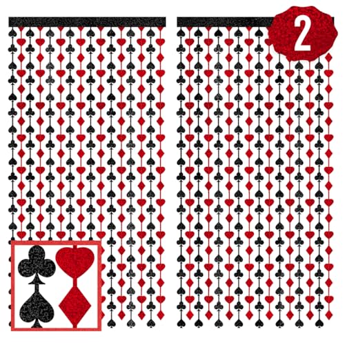 Casino Theme Foil Fringe Curtains - 2 Pack Red & Black Party Backdrop