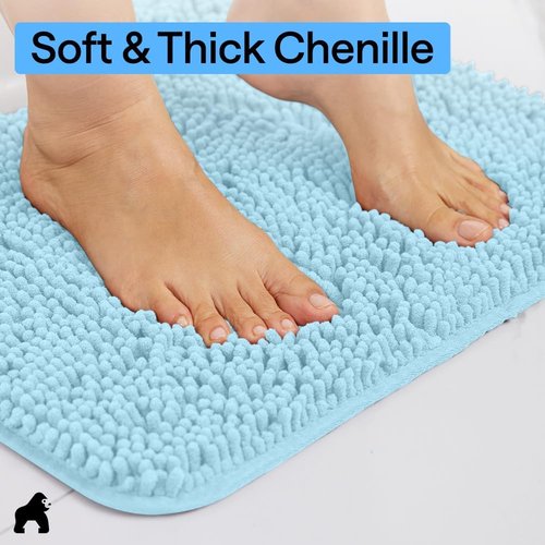 GORILLA GRIP Bath Rug Mat - Thick Soft Absorbent Chenille | Quick Dry Microfiber, 36x24, Washable Sky