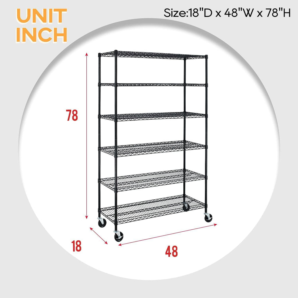 BestOffice 6-Tier Wire Storage Shelves - Heavy-Duty Metal Racks with Wheels | 18x48x78 | Adjustable, Holds Up to 600 lbs | Easy No-Tool Assembly for Home & Garage