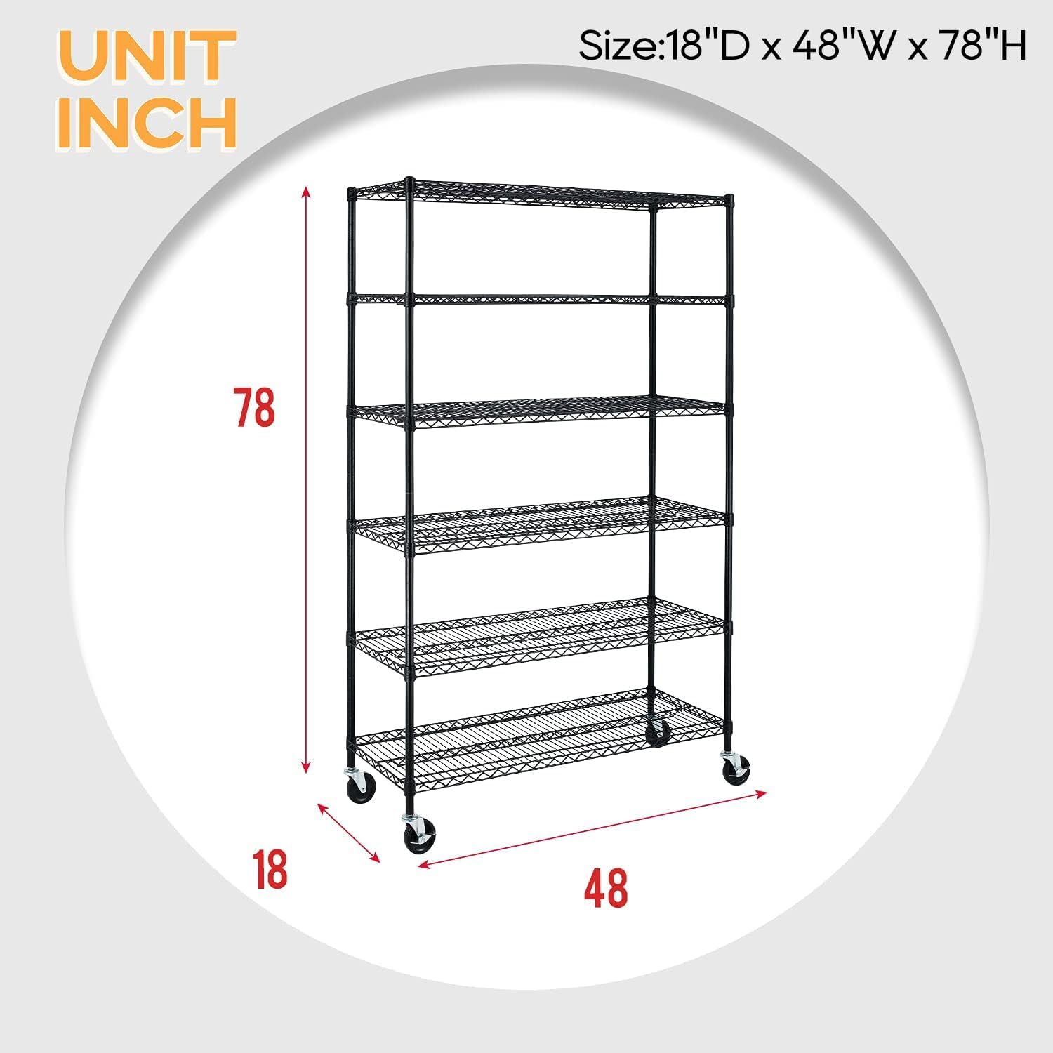 BestOffice 6-Tier Wire Storage Shelves - Heavy-Duty Metal Racks with Wheels | 18x48x78 | Adjustable, Holds Up to 600 lbs | Easy No-Tool Assembly for Home & Garage