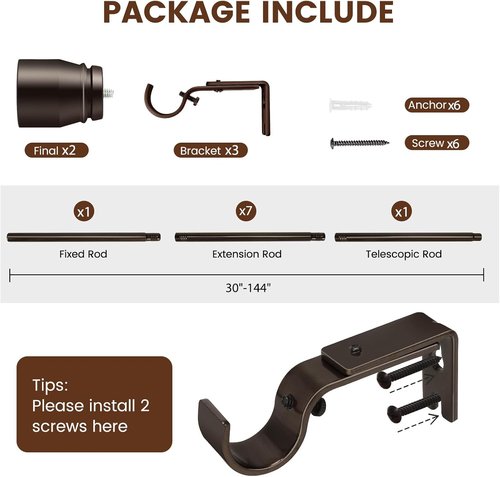 **Regine Switzerland Heavy-Duty Adjustable Brown Curtain Rod - 30 to 144 Inch for 66 to 120 Inch Windows**