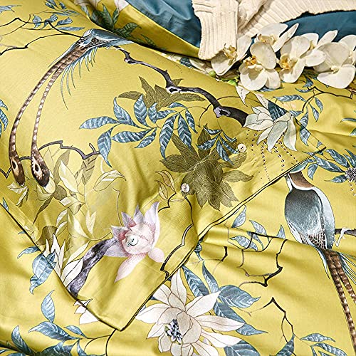 Floral & Birds Cotton Duvet Cover Set - Reversible Peacock Blue, Queen