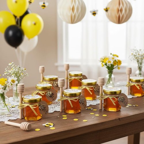 Ahhute Honey Pot, Mini Honey Jars with Dipper, Glass Honey Jars Baby Shower Favors, Party Favors & Wedding Favors, Lid, Bee Pendants, Gold Fabric Ribbons and Gold Organza Bags, 40 Pack 1.5oz