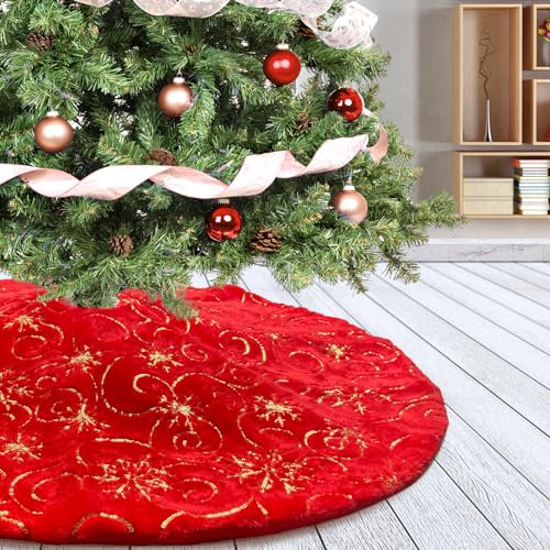 Red Christmas Tree Skirt with Gold Sequin Snowflakes Plush Faux Fur