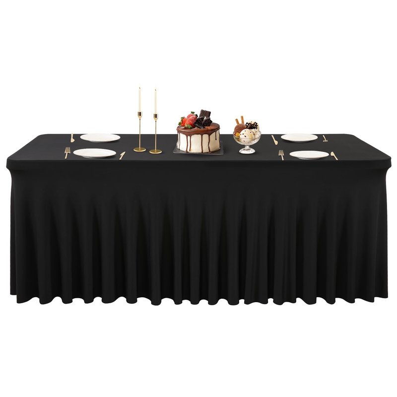 PARTISKY 4 Pack Black Spandex Table Cover with Skirt - 6ft Rectangle One-Piece Stretch Tablecloth for Wedding, Banquet, Birthday Party, Trade Shows & Foldable Tables