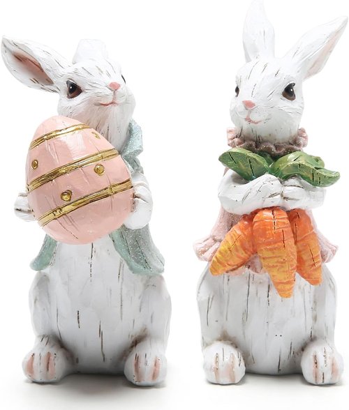 Hodao Easter Bunny Decorations - Spring Home Decor Bunny Figurines | Set of 2 White Rabbits