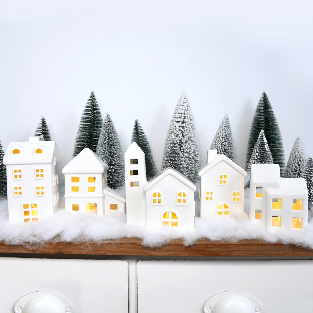 Regine Switzerland Ceramic Christmas Village Houses - 5 White Houses & 9 Trees with Fake Snow | Festive Indoor Decor for Home Table & Fireplace
