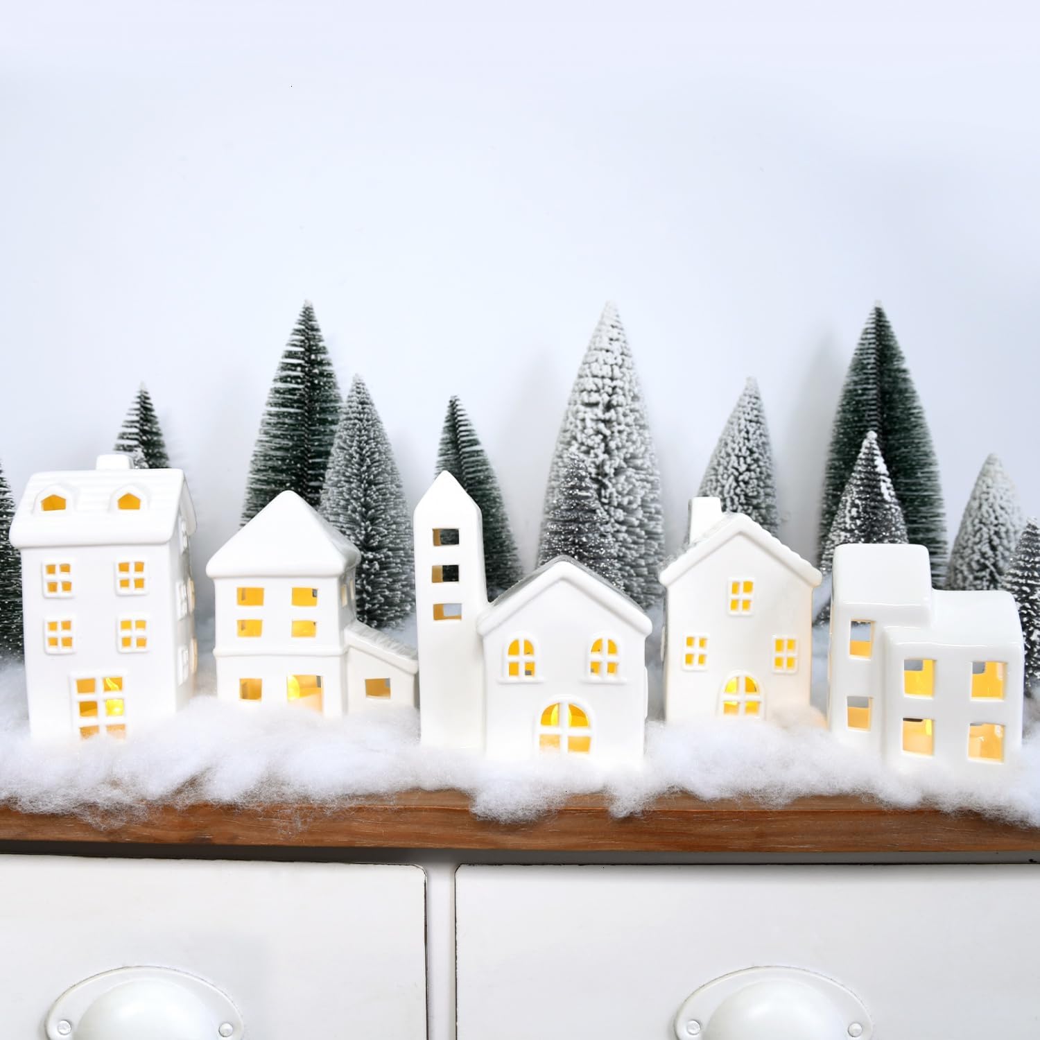 Regine Switzerland Ceramic Christmas Village Houses - 5 White Houses & 9 Trees with Fake Snow | Festive Indoor Decor for Home Table & Fireplace