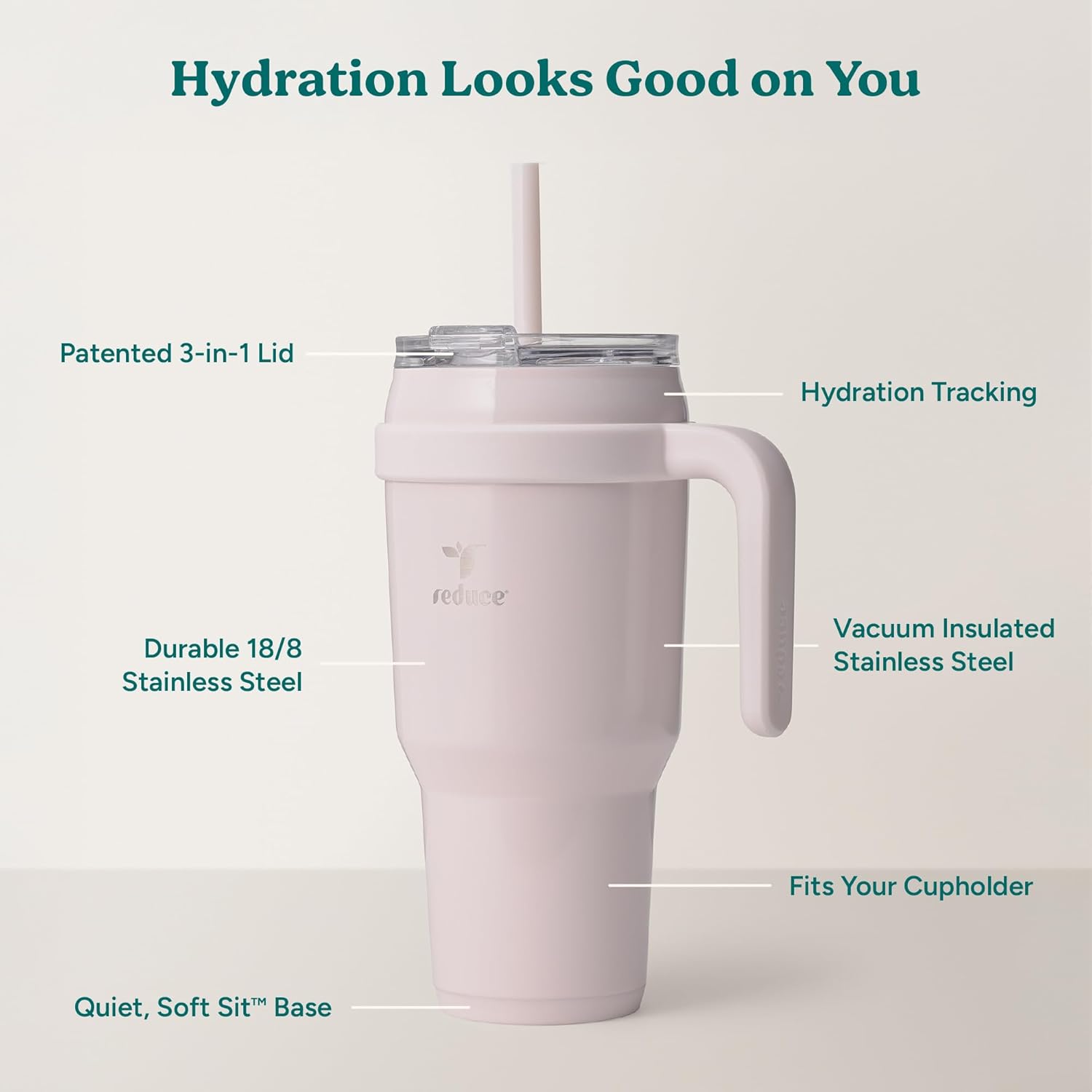 REDUCE Cold1 40 oz Tumbler - Vacuum Insulated Stainless Steel Mug with Handle & Straw | Gloss Cotton Finish