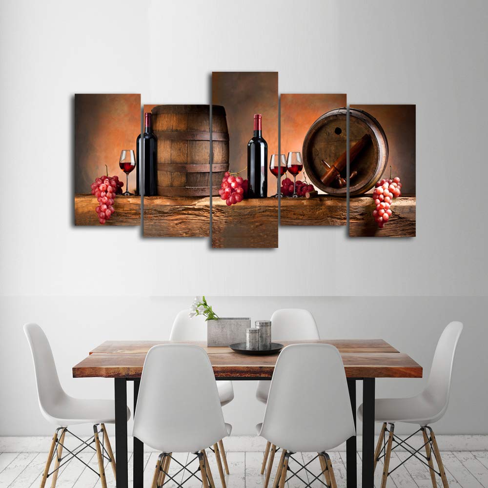 Cao Gen Decor Art-K60527 5 panels Wall Art Fruit Grape Red Wine Glass Painting on Canvas Stretched and Framed Canvas Prints Ready to Hang for Dining Room Art Wall Decor Artwork