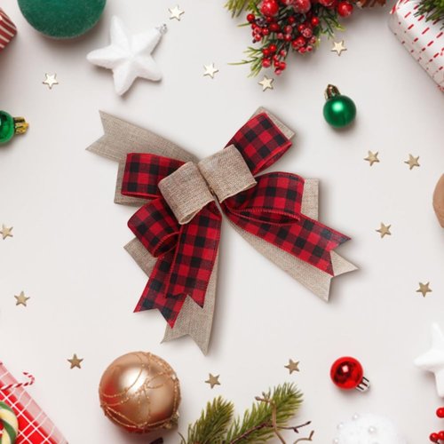 CREATCABIN Christmas Plaid Bow - 9.8 x 8.5 Inch Burlap Xmas Bowknot for Wreaths & Holiday Decor
