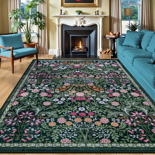 8x10 Washable Vintage Floral Area Rug - Non-Slip Dark Green Carpet