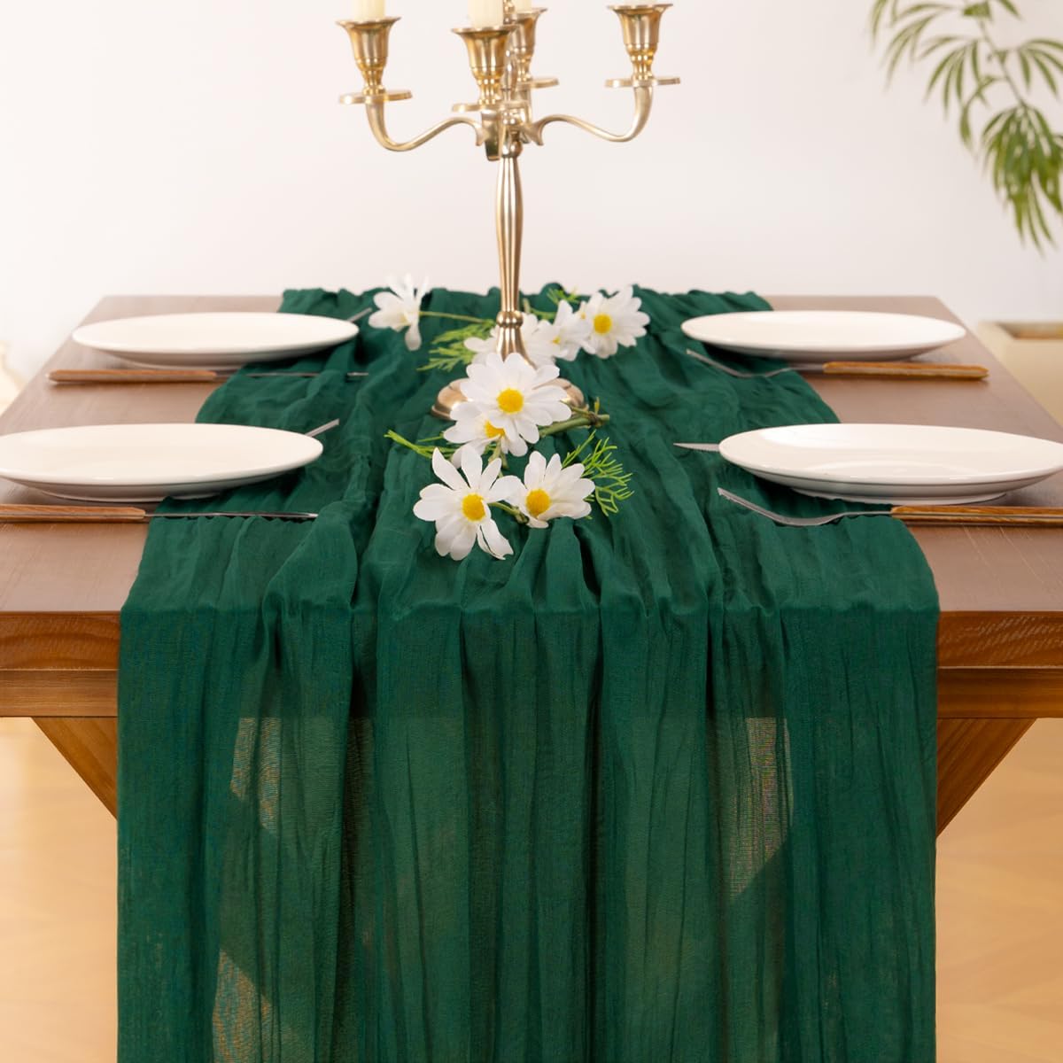 Socomi Emerald Green Cheesecloth Table Runner - 10FT Rustic Boho Decor for Weddings & Events