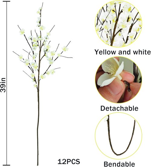 Krissing Cherry Blossom Branches - 39” Tall White Faux Flowers for Home & Wedding Decor