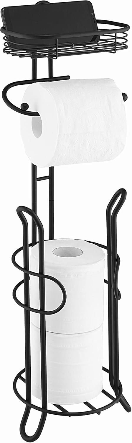 SunnyPoint Toilet Tissue Paper Holder - Heavyweight Storage Stand with Reserve for Mega Rolls | Black