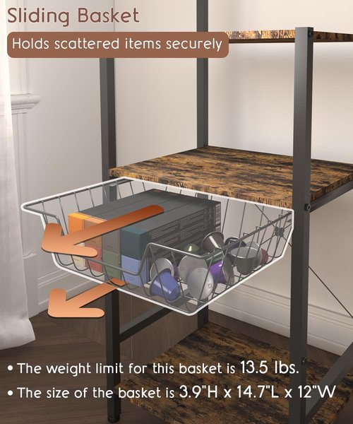 Ansionsol 4 Tier Coffee Bar Station, Corner Bakers Rack with 5 Hooks & Wire Basket, Coffee Maker Stand for Small Space, Kitchen Storage Shelf for Entryway, Living Room, Café, Black, 16.5"x13"x47.8"