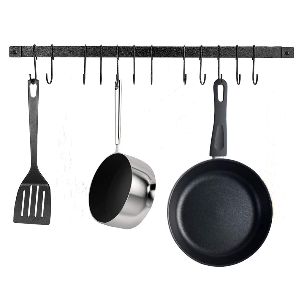 DREAMWENF Kitchen Wall Mounted Hanging Utensil Holder Rack, Wrought Iron Rail Rack with 12 S Hooks for Hanging Kitchen Utensils Set & Cookware,24 inch