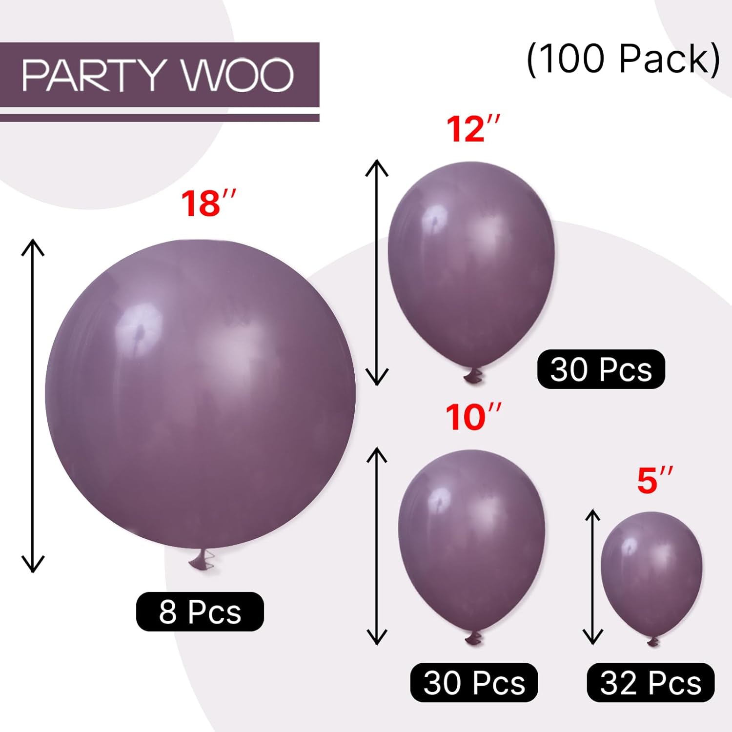 PartyWoo Dusty Purple Balloons - 100 Pcs Latex Helium Balloons in 5, 10, 12, 18 Inch Sizes | Perfect for Baby Showers & Birthdays