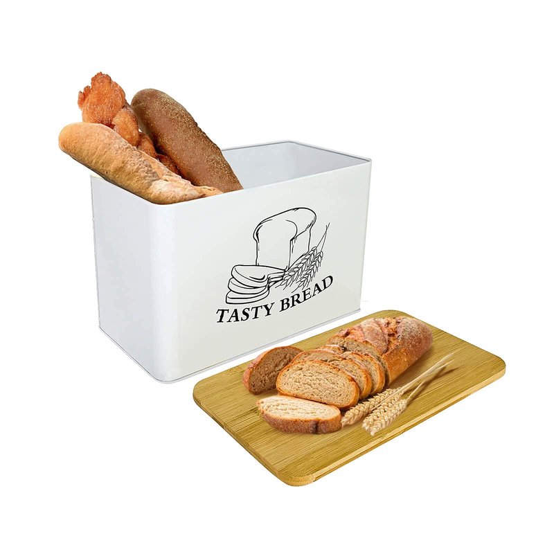 SOTECH Bread Box with 3pcs Jars Coffee Sugar Tea for Kitchen Countertop White Metal Bread Box with Bamboo Board Cover Pastry Storage Container Set Kitchen decor (NO Handle White Box)