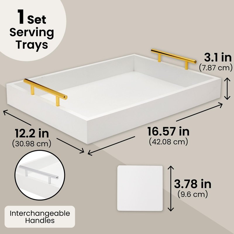 Juvale Ottoman Tray with Coasters & Interchangeable Gold & Silver Handles - 15.7" x 11.8" x 3.1" - White Rustic Wood Rectangular - Coffee Table Tray for Serving & Decorative Accents