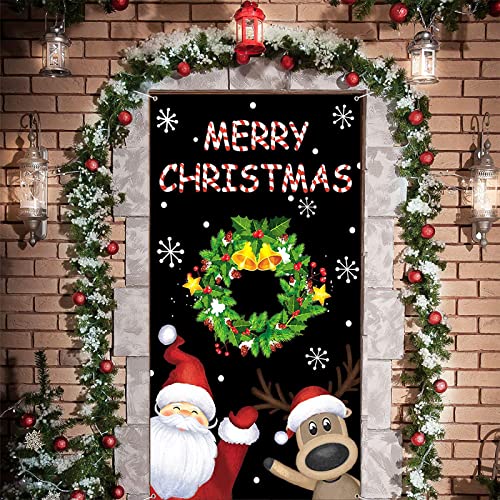 Christmas Door Cover Santa Reindeer Snowflake Banner for Holiday Decoration