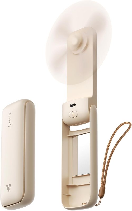 Aecooly Slim Portable Fan - USB Rechargeable Mini Handheld Fan with Mirror | 24-Hour Cooling Time, Beige