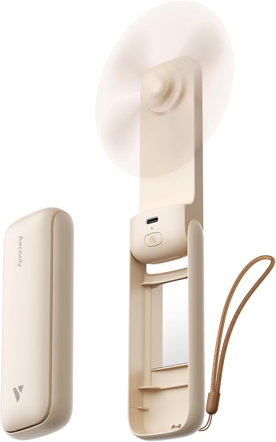 Aecooly Slim Portable Fan - USB Rechargeable Handheld Fan with Mirror | 24-Hour Max Cooling, Beige