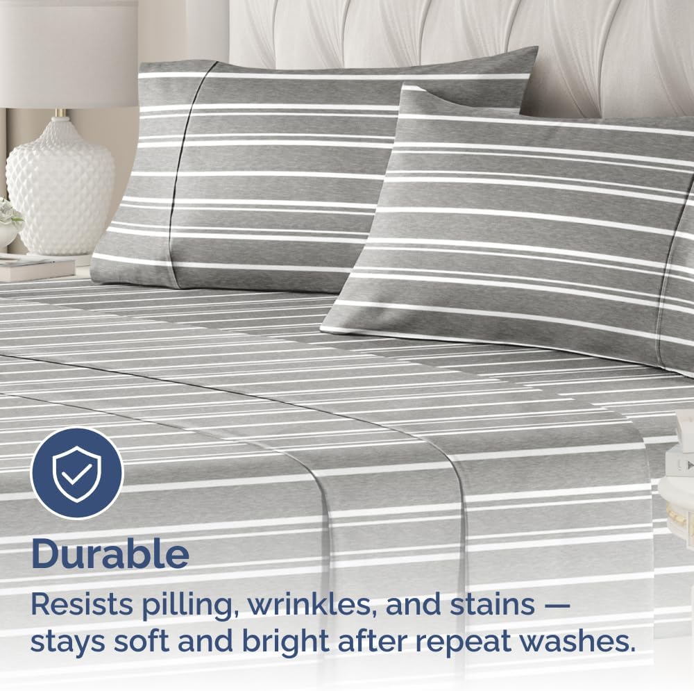 Standard Pillow Cases Set of 4 - Soft Hotel Quality Covers for Cozy Bedding - Machine Washable Grey Stripes