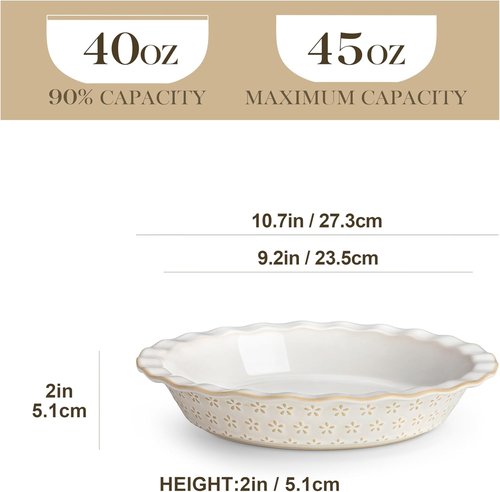 MALACASA Pie Pan - 9 Inch Stoneware Deep Dish for Baking | Embossed Fluted Quiche Dish, 45 OZ