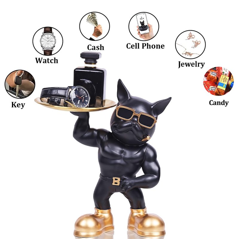 YUNSHID 13in Resin Muscle French Bulldog Statue with 2 Trays, Multi-Functional Bulldog Storage for Key Candy Jewelry, Black Dog Statue for Modern Home Decor