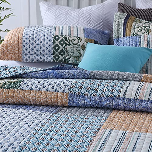 Cotton Bedspread Set - Queen Size Reversible Blue Floral Quilt