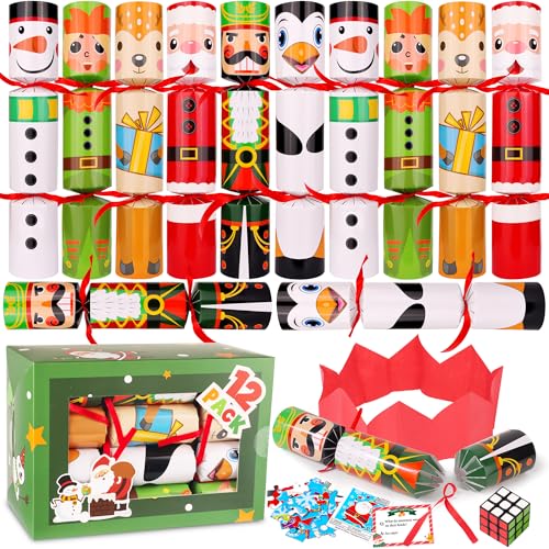 Envotek 12 Pack Christmas Cartoon No-Snap Party Favors with Hats & Gifts - Holiday Table Decorations