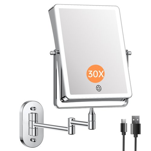 FASCINATE 5000mAh Rechargeable Wall Mounted Makeup Mirror, 8.7" Double Sided Touch Switch 1X/30X Rectangle Wall Mounted Magnifying Mirror with Light, 3 Color Setting, Extended Arm 360° Swivel Foldable