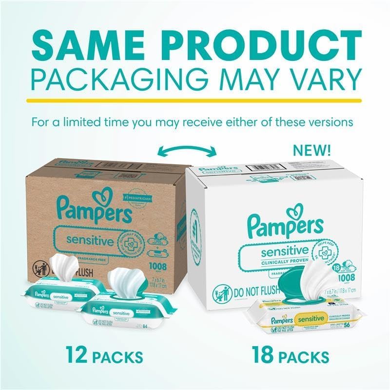 Pampers Sensitive Baby Wipes - Hypoallergenic, Unscented, Water-Based | 18 Flip-Top Packs (1008 Wipes)