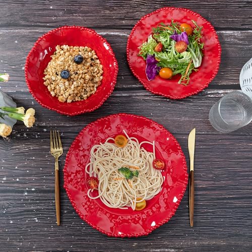 ZAROCRUS Christmas Red 11-Inch Melamine Dinner Plates Set of 6 Beaded Holiday Tableware