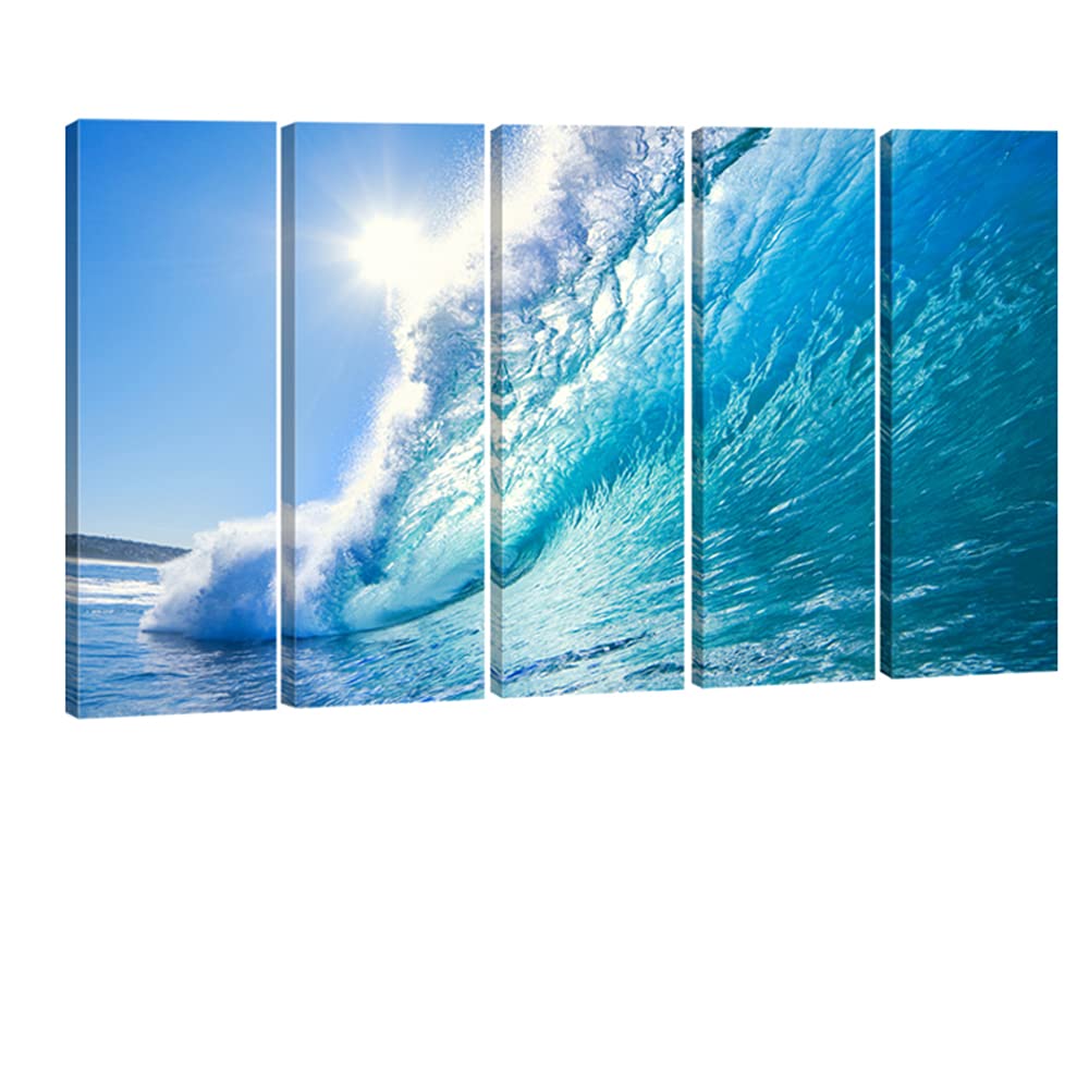 Wieco Art Sea Waves Large 5 Piece Modern Giclee Canvas Prints Seascape Artwork Ocean Beach Pictures Paintings on Canvas Wall Art Ready to Hang for Living Room Bedroom Home Office Decorations