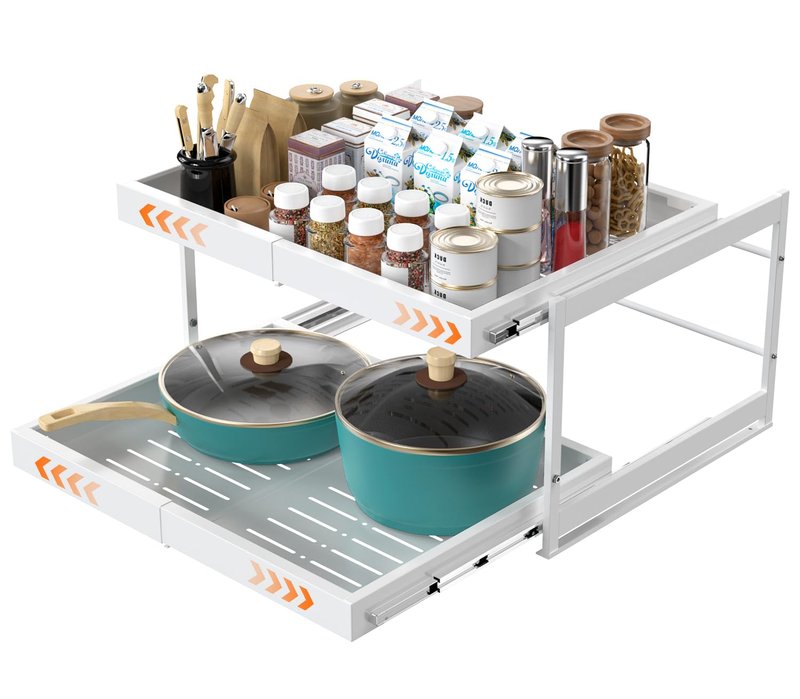 2-Tier Expandable Pull Out Cabinet Organizer, 16.9" Deep Heavy-Duty Slide Rail Slide Out Drawer Organizers with Adhesive Nano Film for Pots, Roll out Shelf Storage for Kitchen & Pantry Storage,White